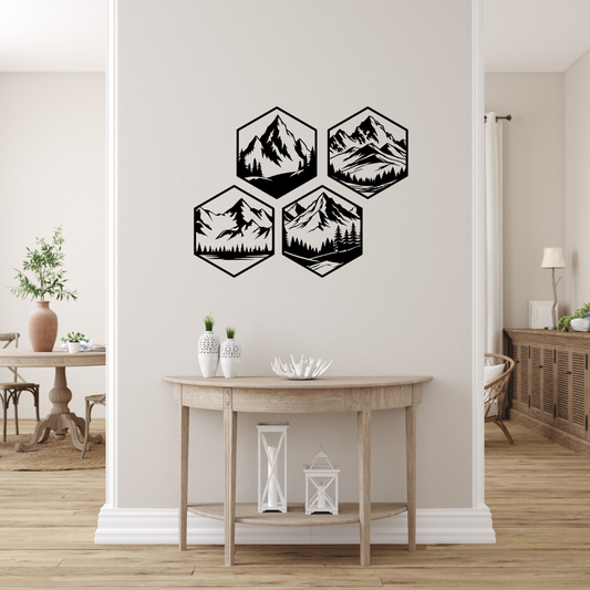Hexagon Mountain Wall Art – 4-Piece Set | Black | Modern Geometric Decor