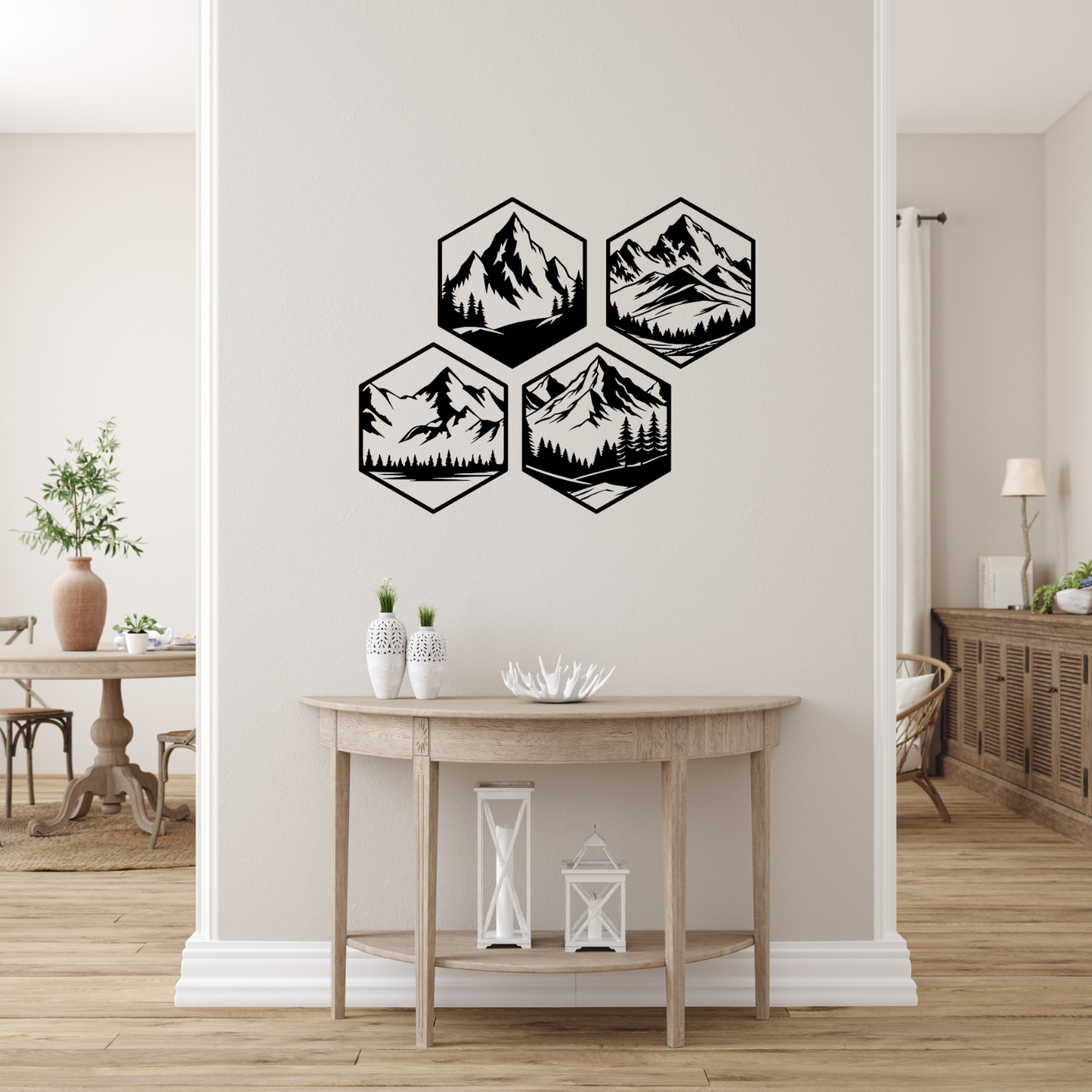 Hexagon Mountain Wall Art – 4-Piece Set | Black | Modern Geometric Decor