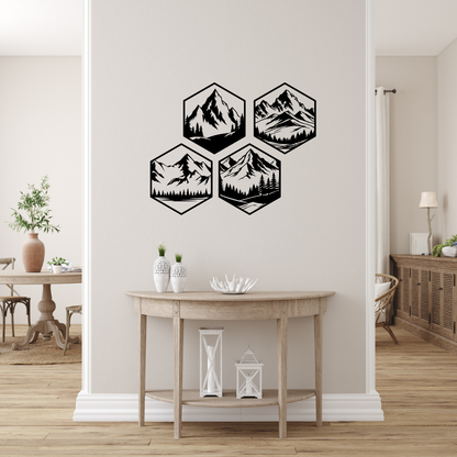 Hexagon Mountain Wall Art – 4-Piece Set | Black | Modern Geometric Decor