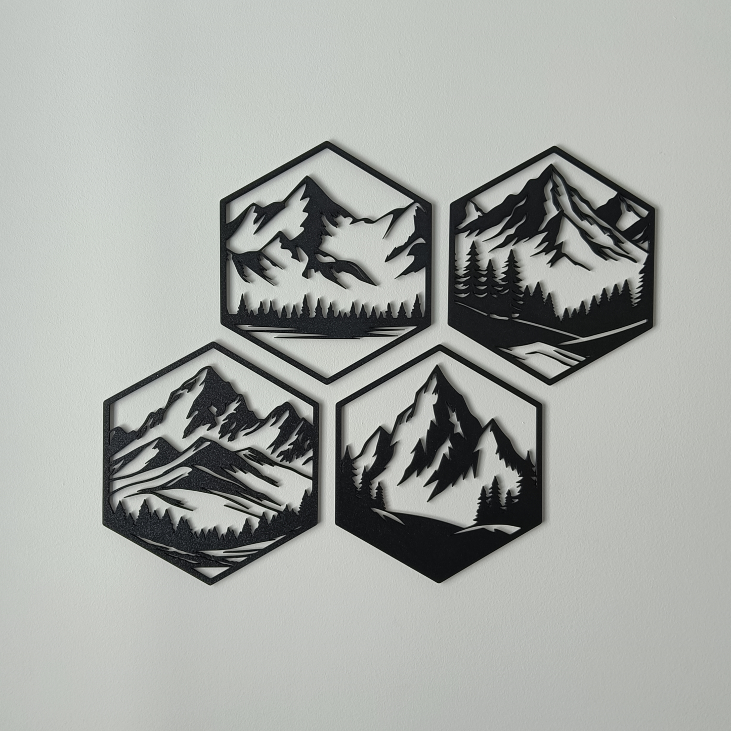Hexagon Mountain Wall Art – 4-Piece Set | Black | Modern Geometric Decor
