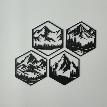 Hexagon Mountain Wall Art – 4-Piece Set | Black | Modern Geometric Decor