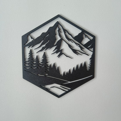 Hexagon Mountain Wall Art – 4-Piece Set | Black | Modern Geometric Decor