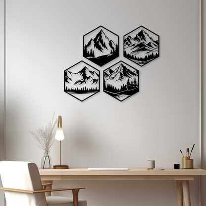 Hexagon Mountain Wall Art – 4-Piece Set | Black | Modern Geometric Decor