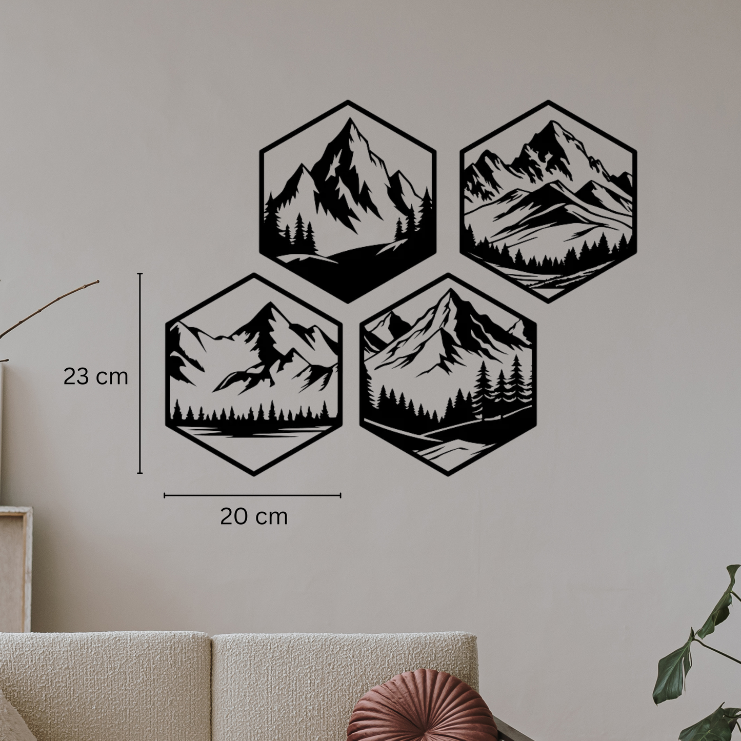 Hexagon Mountain Wall Art – 4-Piece Set | Black | Modern Geometric Decor