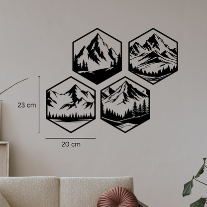 Hexagon Mountain Wall Art – 4-Piece Set | Black | Modern Geometric Decor